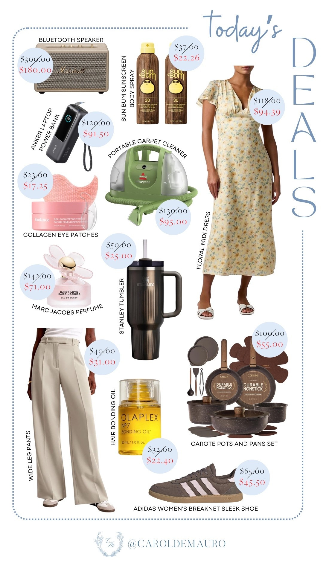 today's deals, on sale, Prime Day, discounted, fashion deals, affordable finds, marshall speakers, sun bum sunscreen, floral midi dress, anker laptop powerbank, portable carpet cleaner, collagen eye patches, stanley tumbler, marc jacobs perfume, wide leg pants, olaplex hair oil, carote cookware, adidas women's sneakers, beauty favorites