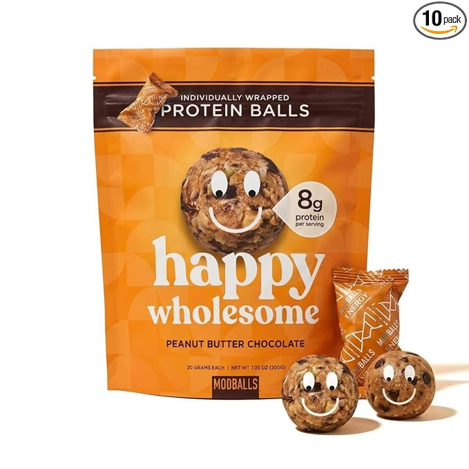 Happy Wholesome Peanut Butter Chocolate Chip Protein Balls, 10 Count, 7.05oz Bag, 8g Protein per ... | Amazon (US)
