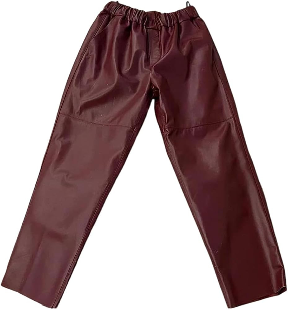 Women Genuine Leather Pants Sheepskin Harem High Waist Elastic Waist Solid Loose Trousers | Amazon (US)