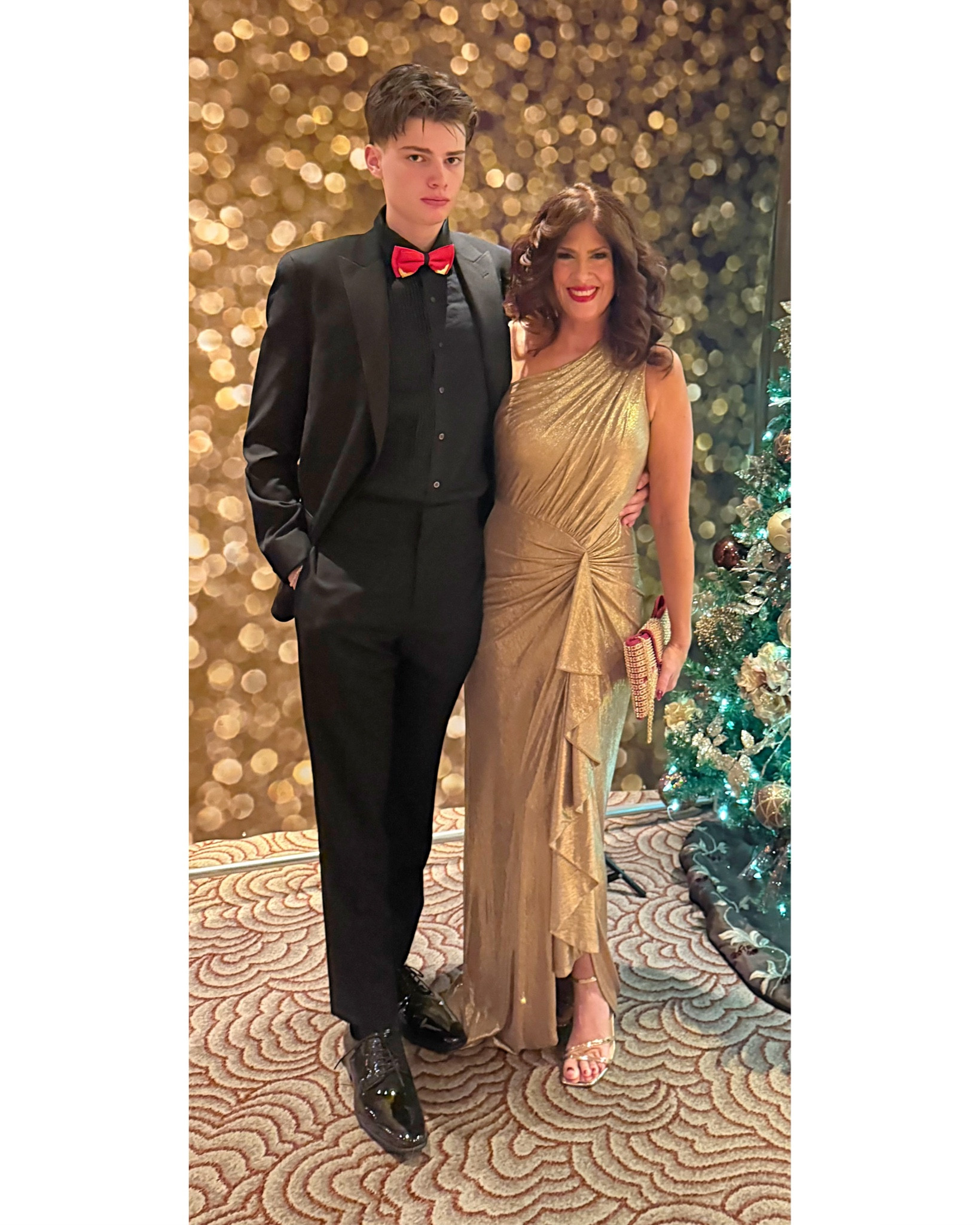 OOTD. MY SON AND I AT OUR FIRST GALA ON CUNARD QUEEN ELIZABETH.  THE THEME GOLD AND RED! This DRESS is PERFECT for any holiday or New Year’s Eve parties you may want to attend! THE RED...A GREAT “BOW” HANDBAG. AND OF COURSE A PERFECT RED LIP 😘 HOW HANDSOME DOES MATT LOOK!

#LTKTravel #LTKootd #LTKHoliday