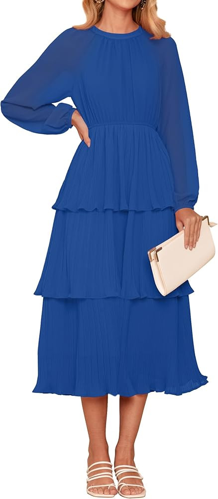 ZESICA Women's 2024 Long Sleeve Crew Neck Ruffle Tiered Layered Chiffon Flowy Swing Long Midi Dre... | Amazon (US)