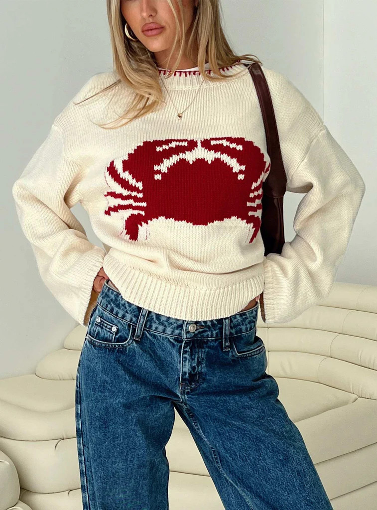 Coastlines Knit Sweater Cream / Red | Princess Polly US