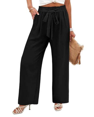 Angerella Women's Casual Plus Size Pants High Waisted Self-tie Belted Lounge Pants Straight Long Trousers with Pockets,Black 3XL | Amazon (US)