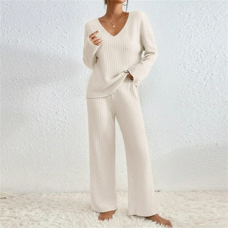 TrendVibe365 Knit Sets Two Piece Women Solid Knitted Round Neck Long Sleeve Casual Pants Set Beig... | Walmart (US)