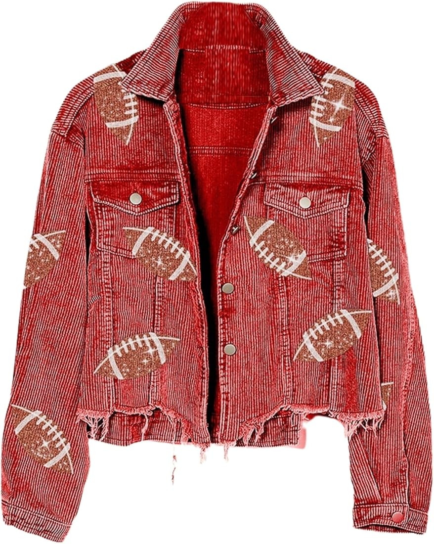 Xunger Women’s Football Corduroy Sequin Jacket Cropped Distresses Rugby Patched Shacket Coat | Amazon (US)