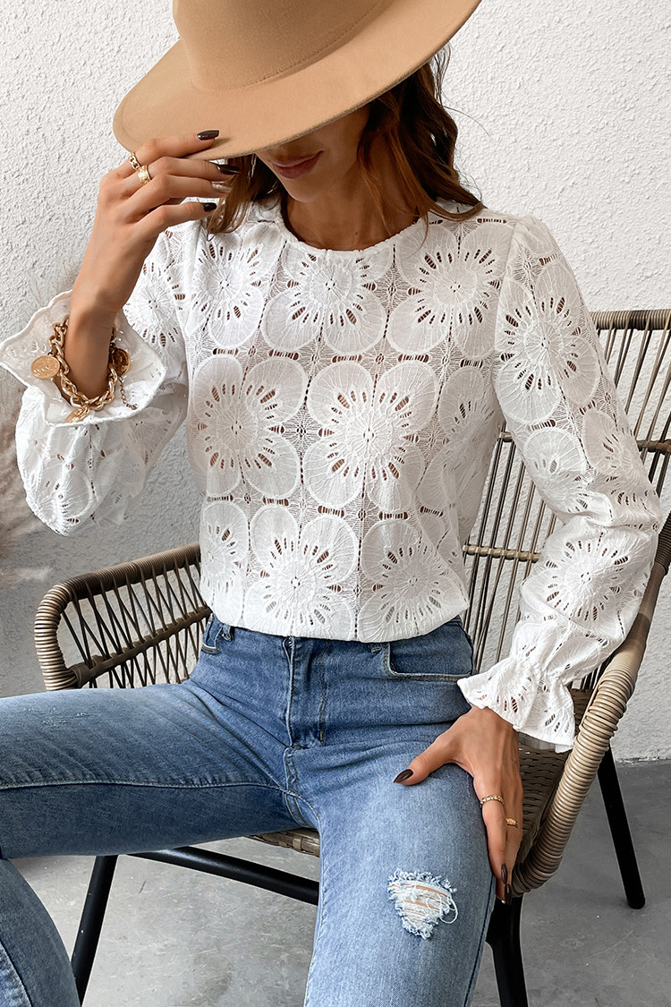 Happy Weekend Embroidered Floral Eyelet Long Sleeve Blouse - S | Cupshe US