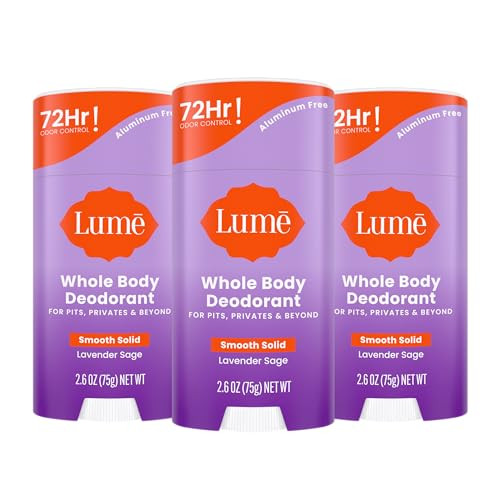 Lume Whole Body Deodorant - Smooth Solid Stick - 72 Hour Odor Control - Aluminum Free, Baking Soda Free and Skin Loving - 2.6 Ounce (Pack of 3) (Lavender Sage) | Amazon (US)