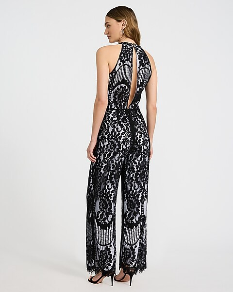 EXPRESS x bebe Lace Color Block Halter Jumpsuit | Express