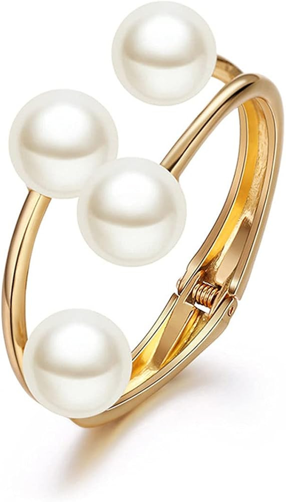 Caiyao 14K Plated Gold Big Pearl Clasp Cuff Bracelets Asymmetric Broadside Ball Handcuffs Wrist B... | Amazon (US)