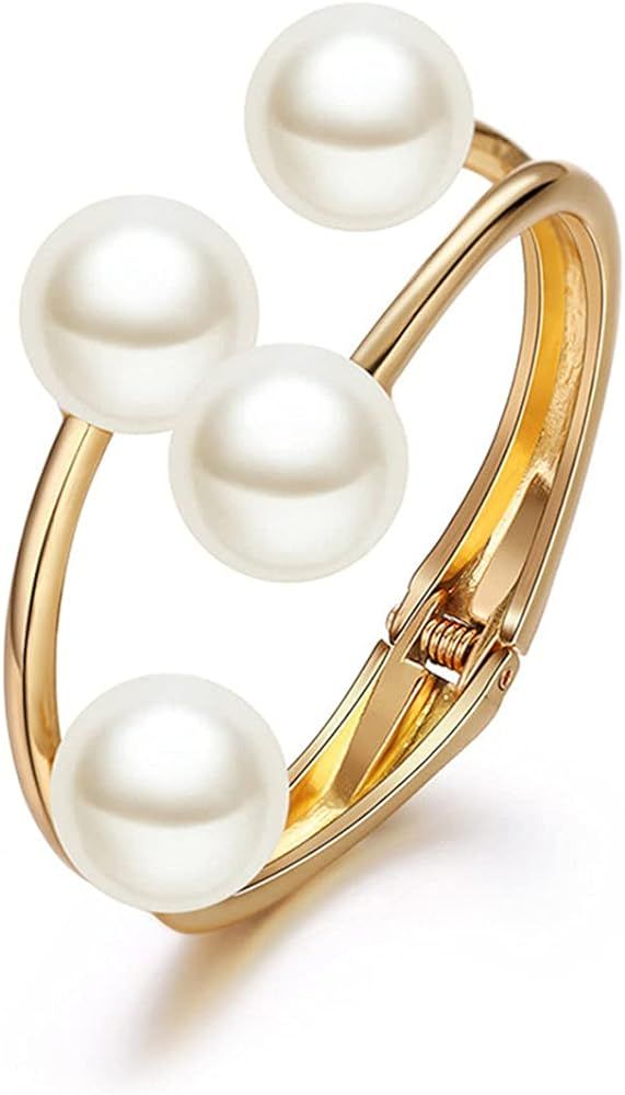 Caiyao 14K Plated Gold Big Pearl Clasp Cuff Bracelets Asymmetric Broadside Ball Handcuffs Wrist Bang | Amazon (US)