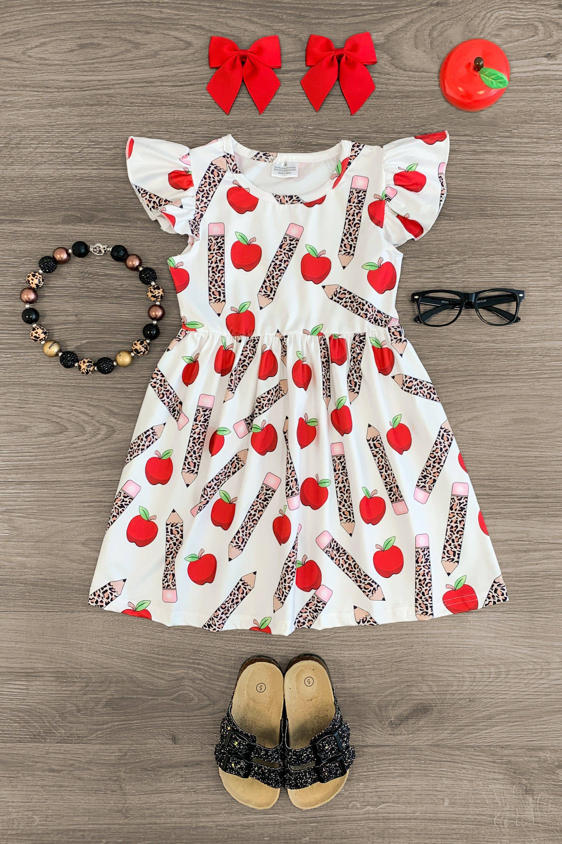 White Cheetah Pencils & Apple Dress | Sparkle In Pink