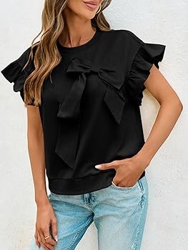 Cicy Bell Womens Ruffle Sleeve T Shirts Summer Casual Bow Tops Loose Fit Crew Neck Tees | Amazon (US)