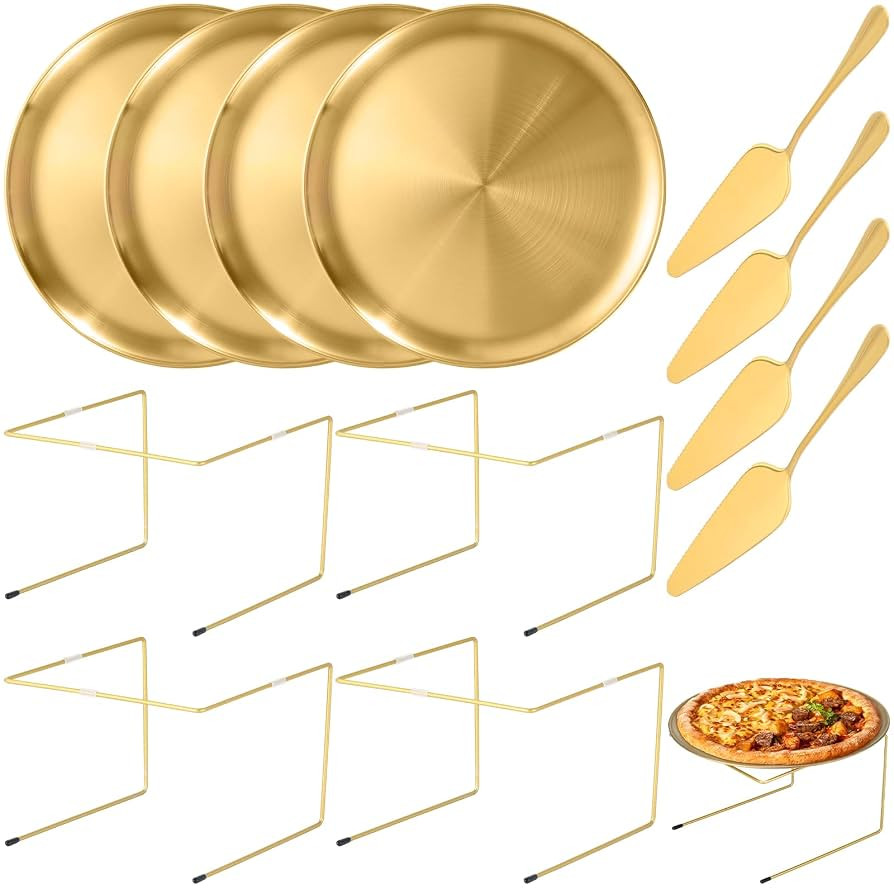 12 Pcs Pizza Pan Riser Stands Sets Includes 4 Metal Pizza Table Stands 4 Pizza Pan and 4 Wood Han... | Amazon (US)
