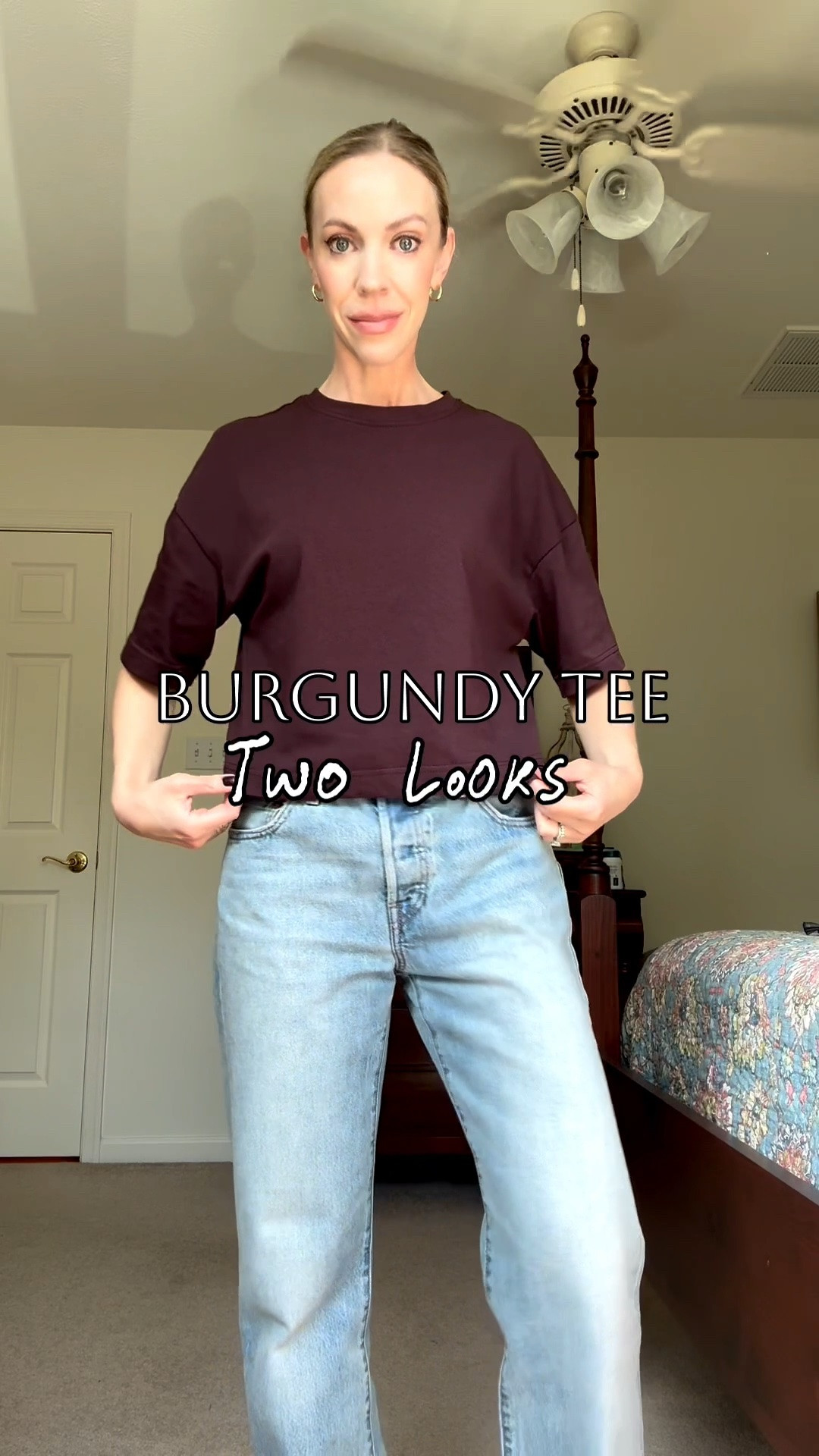 Burgundy tee styled two ways - casual and date night/office (tee is 100% cotton and under $13!)

#LTKWorkwear #LTKOver40 #LTKgrwm