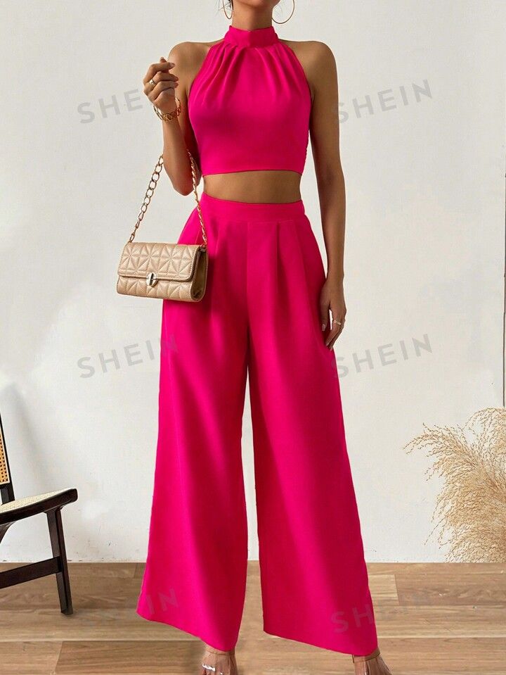 SHEIN Privé Women's Solid Color Halter Top And Wide Leg Pants Set | SHEIN