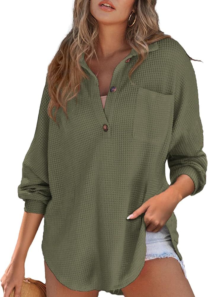 Astylish Women Waffle Knit Tops Henley Shirts Long Sleeve V Neck Solid Color Casual Tunic | Amazon (US)