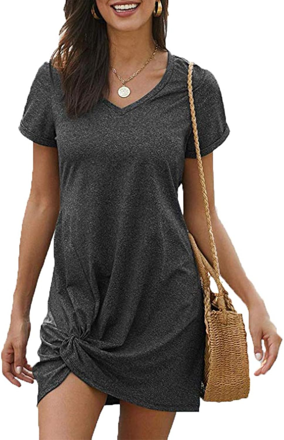Locryz Women's Summer Twist Knot Tshirt Dresses Casual V Neck Short Sleeve Knot Dress | Amazon (US)