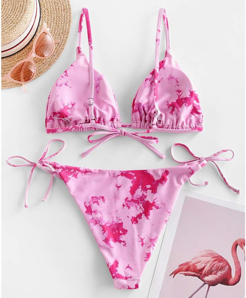 ZAFUL Women's Tie Dye Cinched String Triangle Bikini Set Three Piece Swimsuit | Amazon (US)