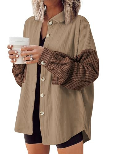 Astylish Lightweight Corduroy Jackets for Women Trendy Long Sleeve Button Down Waffle Knit Shacket Jacket Fall Winter 2024 Color Block Shirts Clothes Medium Brown | Amazon (US)