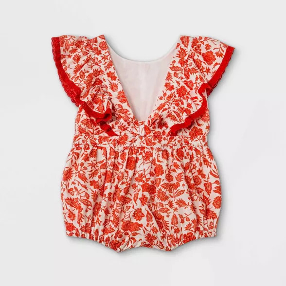 Baby Girls' Floral Romper - Cat & Jack™ Red/Cream | Target