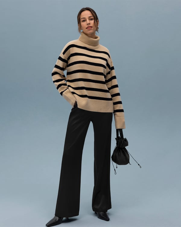LILYSILK Women's Tarra Stripe Merino Wool Sweater, Soft & Warm Turtleneck Knitted Jumper, Black & Toffee Stripes, L | LILYSILK