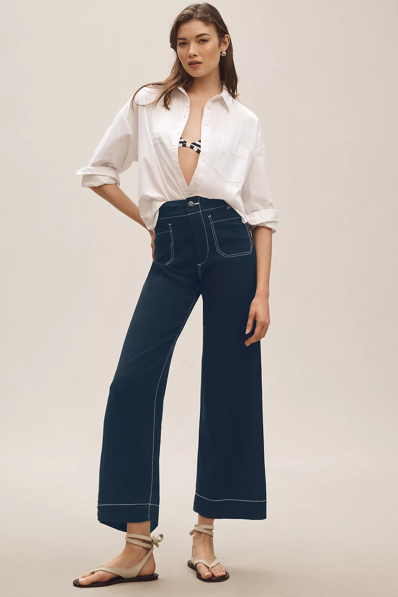 The Colette Contrast-Stitch Linen Crop Wide-Leg Pants by Maeve | Anthropologie (US)