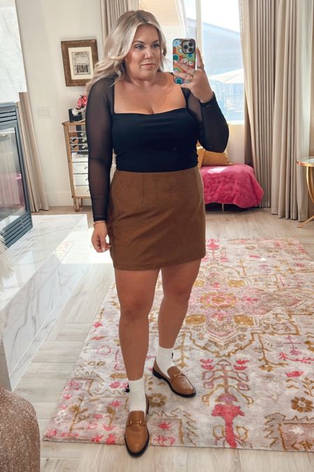 chic curvy fall look! wearing size xl in long sleeve black mesh bodysuit {wish i had the large!} and size xl in faux suede skirt {wish i had the large!}

#LTKcurves #LTKSeasonal #LTKunder100