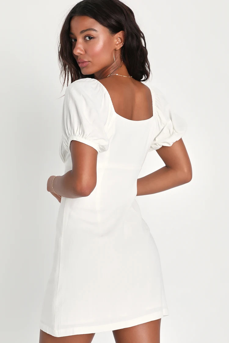 Sweetest Darling White Linen Puff Sleeve Button-Up Mini Dress | Lulus (US)