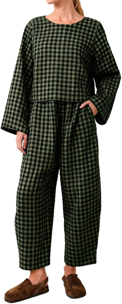 Womens 2 Piece Lounge Sets Long Sleeve Plaid Crop Top High Waisted Baggy Ankle Barrel Pants With ... | Amazon (US)