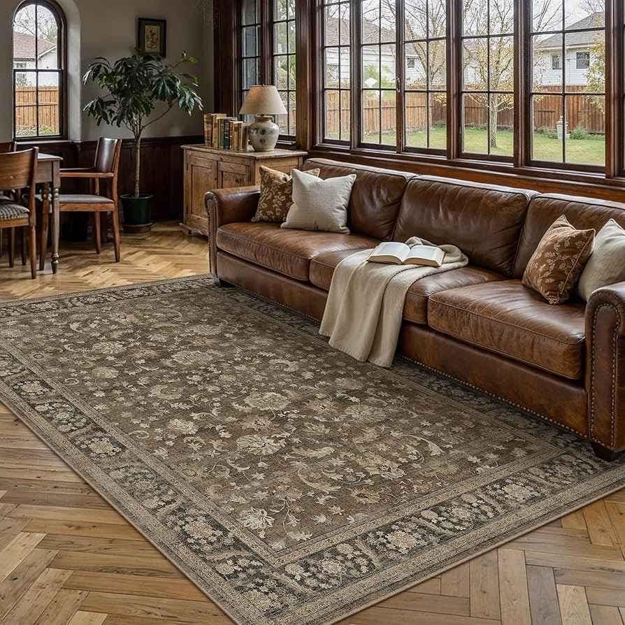PureCozy 5x7 Washable Living Room Area Rug Brown Vintage Low Pile Carpet Non Slip Soft Distressed... | Amazon (US)