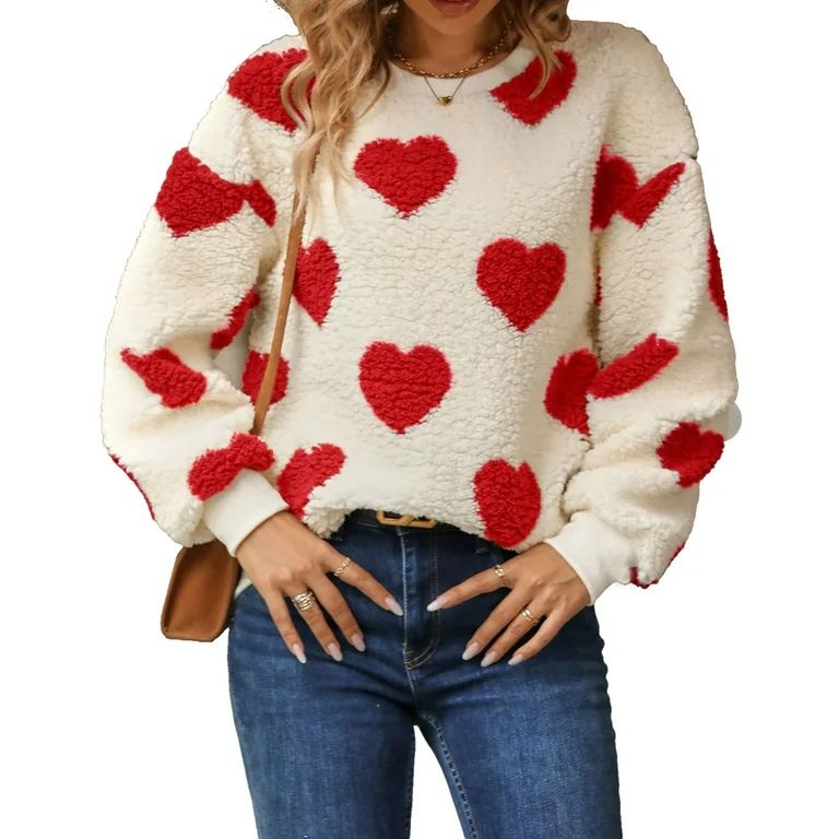 Sweaters for Women Valentine's Day Heart Printed Pullover Sweaters Warm Fuzzy Crewneck Sweaters S... | Walmart (US)