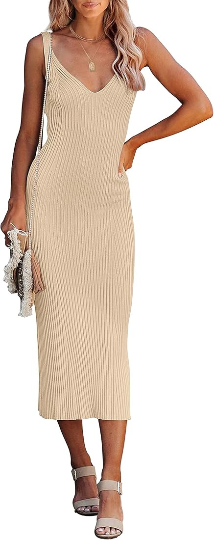 MEROKEETY Womens 2023 Summer V Neck Knit Maxi Tank Dress Sleeveless Ribbed Sweater Dresses | Amazon (US)