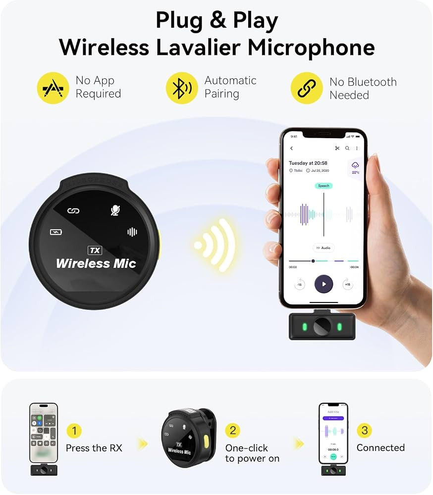 Wireless Lavalier Microphone for iPhone, Android, 48khz Mini Microphone, 50Hrs Battery, Noise Can... | Amazon (US)