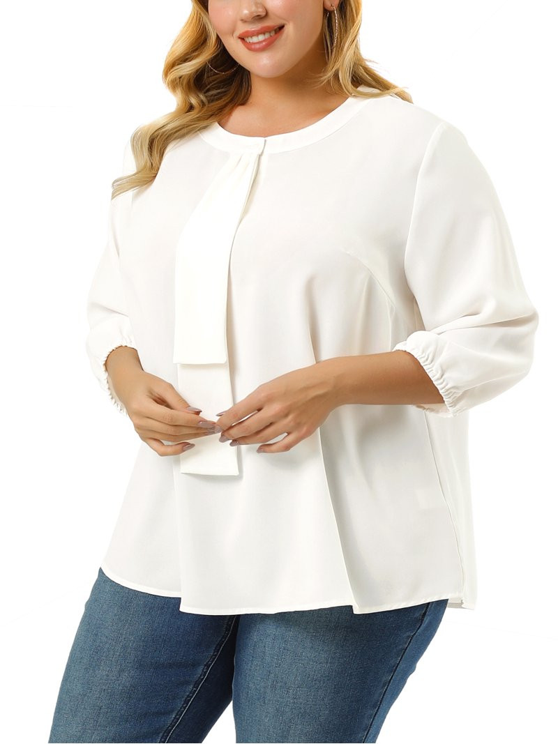 Unique Bargains Women's Plus Round Neck Work Blouse Ruffle Chiffon Top | Walmart (US)