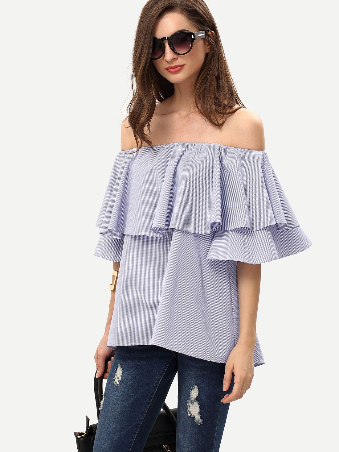 Royal Blue Ruffle Off The Shoulder Blouse | SHEIN