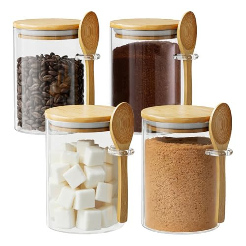Glass Sugar Container with Spoon - 4 Pack 15oz Glass Jars with Bamboo Lid and Spoon, Bamboo Lid Storage Jar Containers for Coffee Beans, Spice, Brown Sugar, Tea, Flour, Nuts, Candy, Salts and More | Amazon (US)