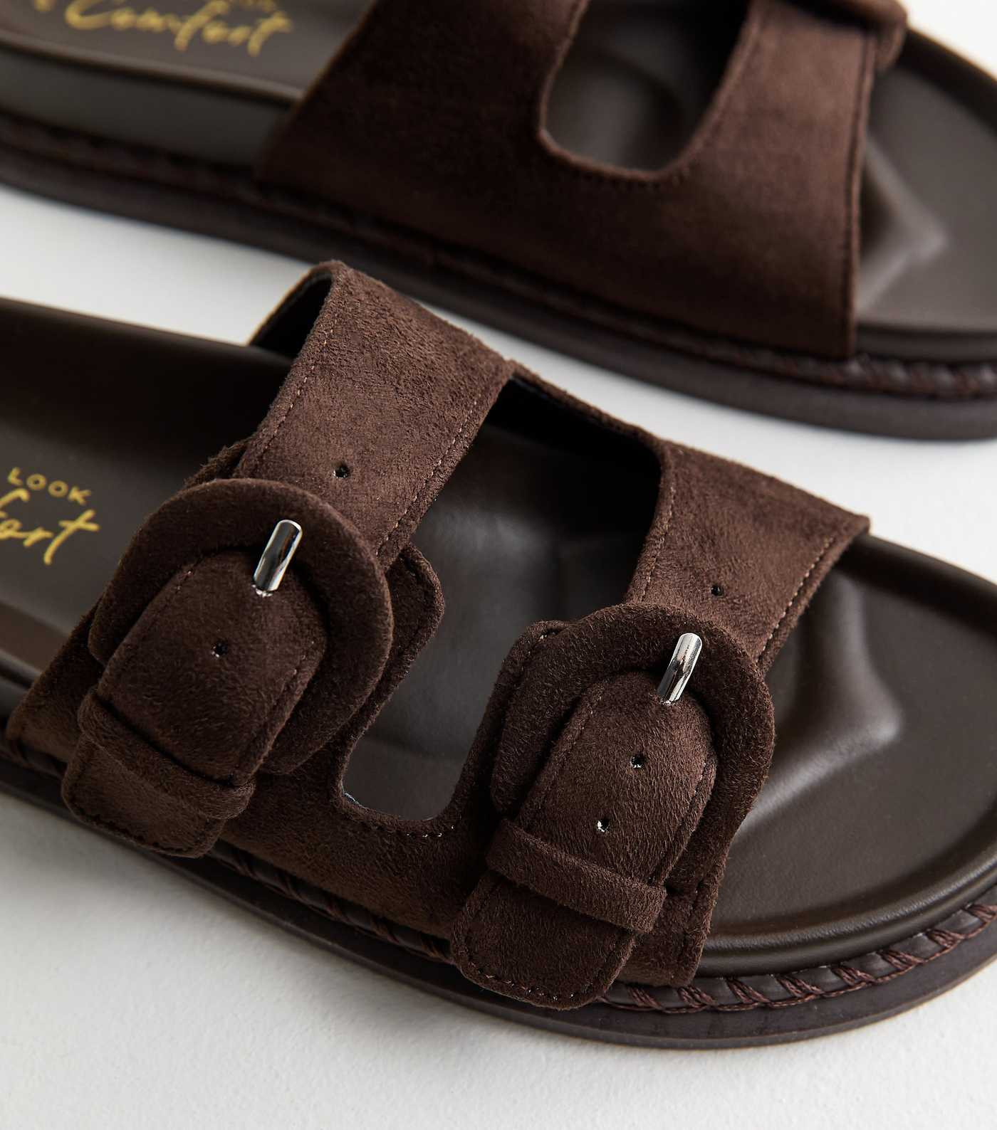 Dark Brown Faux Suede Double Buckled Strap Sandals | New Look | New Look (UK)