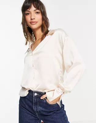 ASOS DESIGN satin shirt with collar and deep cuff in oyster | ASOS (Global)