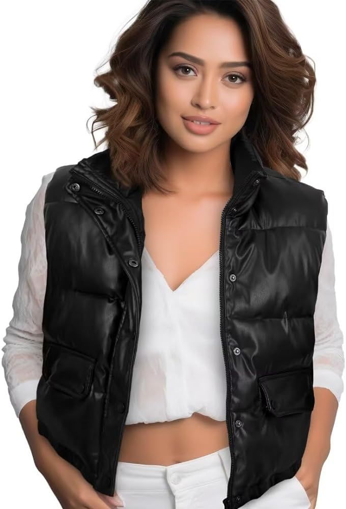 Fashion vests for women Faux Leather Puffer Vest Sleeveless Winter crop Jacket | Amazon (US)
