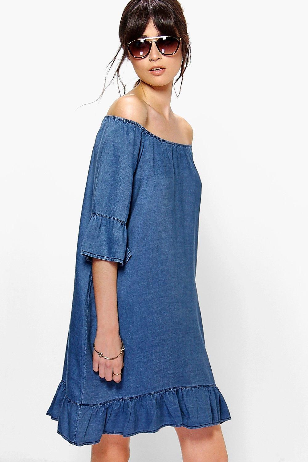 Ada Off The Shoulder Ruffle Sleeve Denim Dress indigo | Boohoo.com (US & CA)