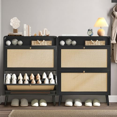 Anewome Rattan Shoe Cabinet with 2 Flip Drawers, 32 Pairs Narrow Shoe Storage Cabinet for Entryway Freestanding Hidden Shoe Rack, Modern Slim Wood Shoe Organizer for Hallway, Black | Amazon (US)