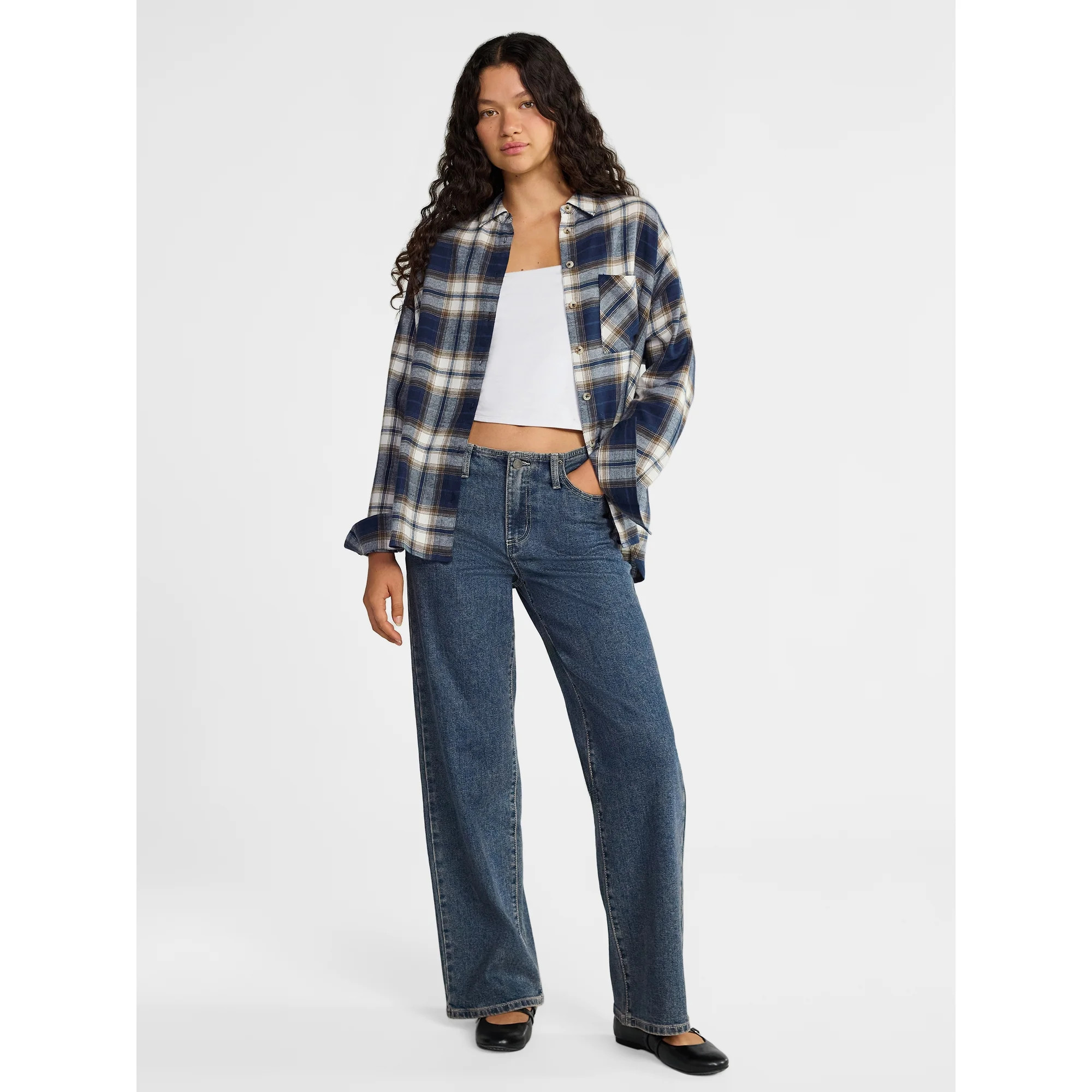 No Boundaries Slouchy Flannel Shirt with Side Pockets, Women's | Walmart (US)