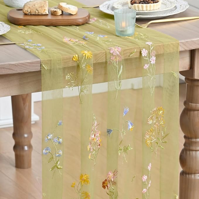 Artoid Mode Grass Green Embroidery Wild Flowers Spring Gauze Table Runner 70x300 cm, Seasonal Tul... | Amazon (UK)