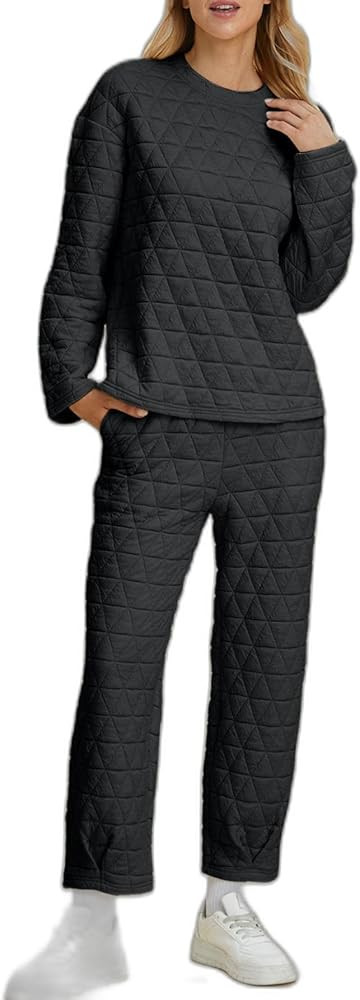 Women's Casual Two-Piece Set Quilted Solid Top And Pants With Pockets Loungewear Set | Amazon (US)