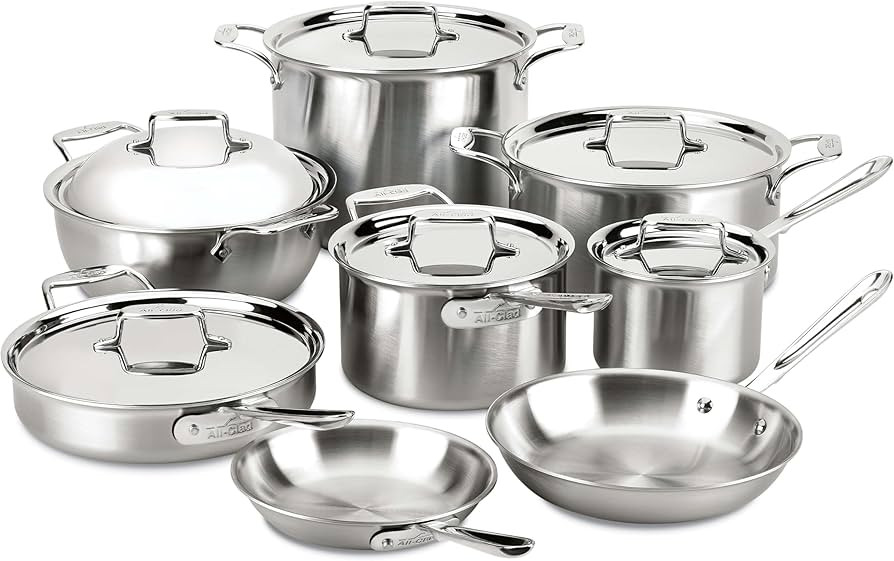 All-Clad BD005714 Brushed d5 Stainless Steel 5-Ply 14-Piece Cookware Set | Amazon (US)