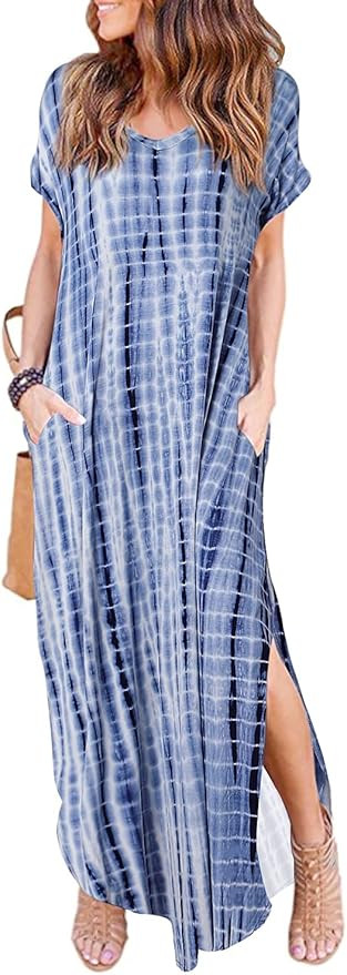 HUSKARY Women's Summer Maxi Dress Casual Loose Pockets Long Dress Short Sleeve Split | Amazon (US)