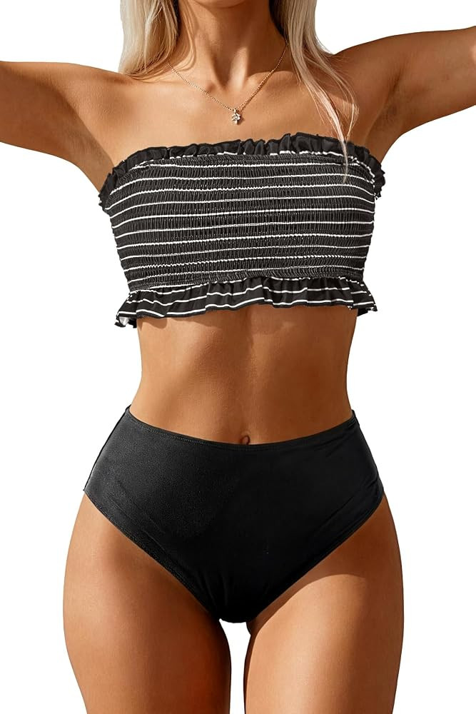 Tempt Me Women Bandeau High Waisted Bikini Sets Smocked Swimsuit Strapless Two Piece Bathing Suit | Amazon (US)