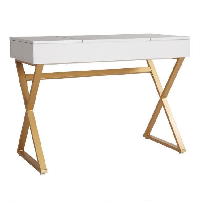 White Wood and Gold Metal Mara Vanity Desk | World Market