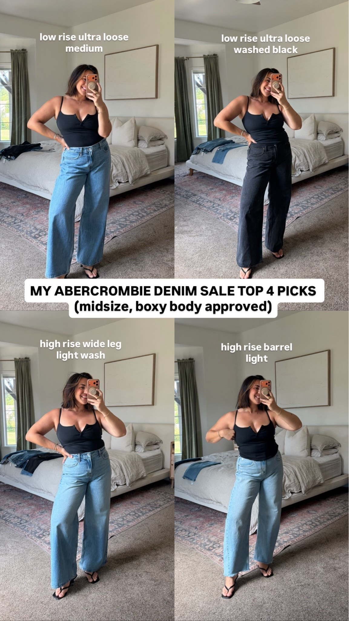 @abercrombie iconic denim sale is here #abercrombiepartner ACT FAST, sell out risk. Code DENIMAF stacks for 15% off! The denim I’ll take to the grave. I specifically love a regular fit (not curve love, as a boxy body type) and at 5’5 get regular length size 30 (normal size 10). My fave styles are the low rise ultra loose and barrel! Happy Jean shopping! 

Denim Promo: *Offer valid online only August 5, 2026 to August 10, 2026 in US/CA. Excludes clearance. Online price reflects discount. Extra 20% Off: *Offer valid in stores and online August 5, 2026 to August 10, 2026 in US/CA. Exclusions apply as indicated. Online price reflects discount. Promo Code: *Use code DENIMAF to get an additional 15% off almost everything in stores and online at checkout from August 5, 2026 to August 10, 2026 in US/CA. Exclusions apply. See details online.

#LTKSaleAlert #LTKMidsize #LTKSeasonal