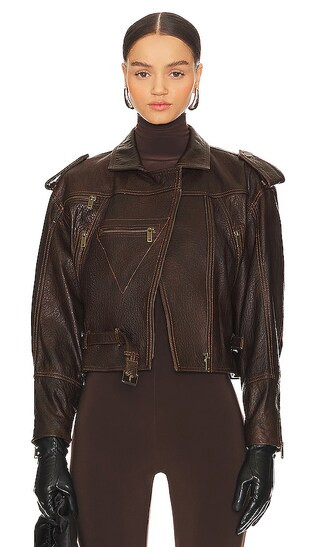 Strong Shoulder Leather Moto Jacket in Chestnut | Revolve Clothing (Global)
